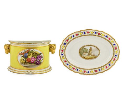 A Derby Porcelain Named View Dish, circa 1800, of oval form, painted with Terracina in Italy within a gilt and floral meander