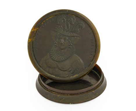 A Regency Pressed Horn Snuff Box and Cover, circa 1820, of circular form, with a bust portrait titled CAROLINE QUEEN OF ENGLA