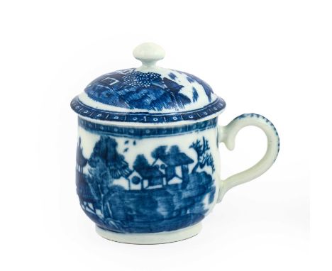 A Caughley Porcelain Custard Cup and Cover, circa 1785-90, of baluster form, printed in underglaze blue with the Cottage patt
