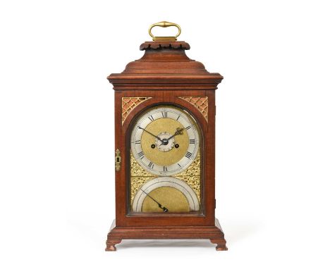 A Mahogany Striking Alarm Table Clock, signed John Smith, York, circa 1770, inverted bell top pediment with carrying handle, 