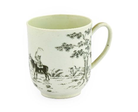 A Worcester Porcelain Coffee Cup, circa 1756, pencilled en grisaille with the Boy on a Buffalo pattern, painter's mark, 6.8cm