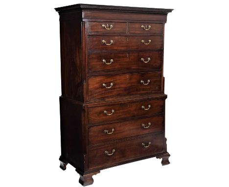 A George III Mahogany and Pine-Lined Chest on Chest, circa 1800, the dentil cornice above two short and three long graduated 