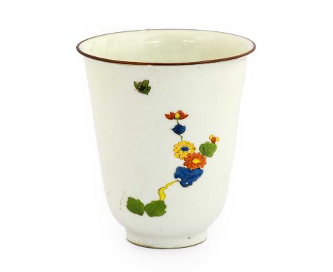 A Meissen Porcelain Beaker, circa 1730, of flared cylindrical form, painted in kakiemon style with a sprig of flowers, the re