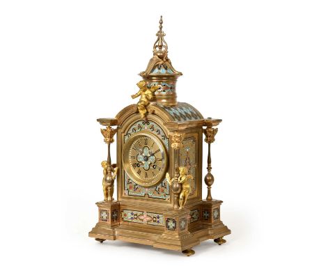 A Champleve Enamel Striking Mantel Clock, circa 1880, winged cherub mounts, multi-coloured champleve enamel decorated panels,