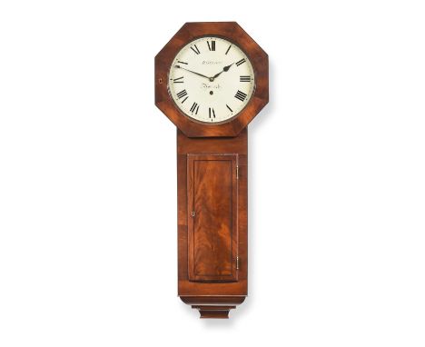 A Mahogany Drop Dial Wall Timepiece, signed R.Gidney, Norwich, early 19th century, octagonal shaped pediment, inlaid trunk do