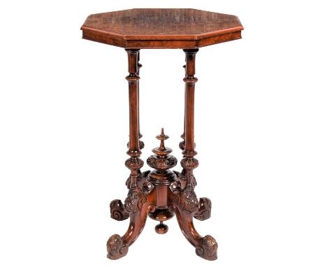 A Victorian Burr Walnut Octagonal Shaped Occasional Table, circa 1870, the quarter-veneered top on four baluster and carved s