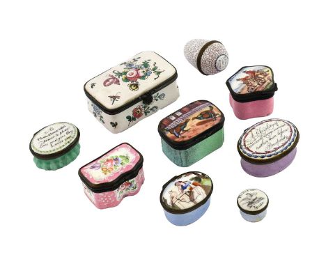 A Staffordshire Enamel Patch Box, late 18th century, of oval form, printed with A Liberty of mind will always increase rather