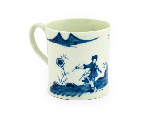 A Worcester Porcelain Small Mug, circa 1755, of cylindrical form with spreading foot, painted in underglaze blue the Tambouri