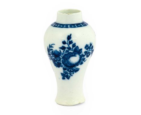 A Caughley Porcelain Small Vase, circa 1780-85, of baluster form, printed in underglaze blue with the Apple and Damsons patte