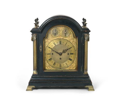 A Victorian Ebonised Chiming Table Clock, circa 1880, arch pediment, Corinthian capped columns, side carrying handles and pie