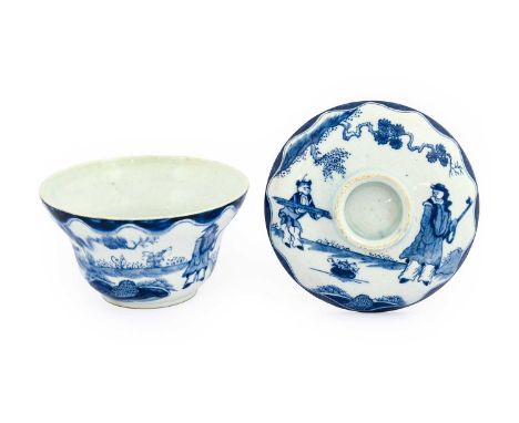 A Bow Porcelain Rice Bowl and Cover, circa 1758, of ogee circular form, painted in underglaze blue with the Golfer and Caddy 