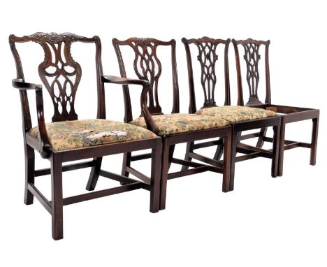 A Harlequin Set of Nine (8+1) George III Chippendale-Style Dining Chairs, early 19th century, comprising a set of six singles