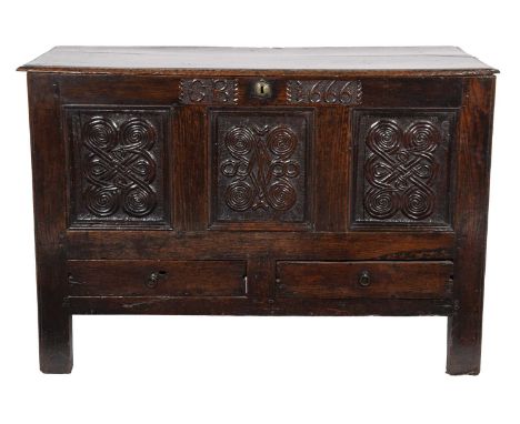 A 17th Century Joined Oak Westmorland Chest, initialled GB and dated 1666, the hinged lid enclosing a vacant interior with th