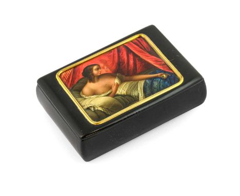 A Russian Lacquer Box, late 19th/20th century, of rectangular form, the hinged cover set with a panel depicting a young lady 