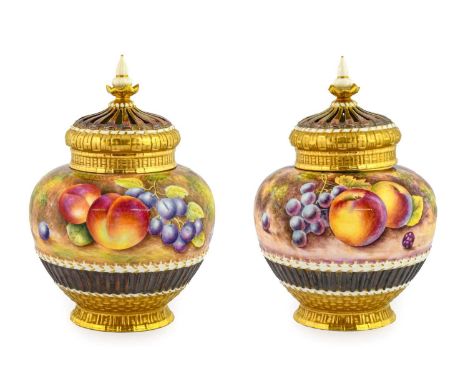 A Pair of Royal Worcester Porcelain Pot Pourri Vases, Pierced Covers and Liners, by Brian Leaman and Paul Stanley, 2nd half 2