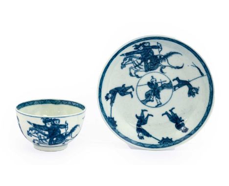 A Worcester Porcelain Tea Bowl and Saucer, circa 1765, painted in underglaze blue with the Eloping Bride pattern, pseudo-Chin