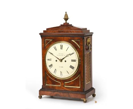 A Mahogany Striking Table Clock, signed Nicoll, Gt Portland St, London, circa 1820, arch pediment with a pineapple finial, ri