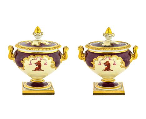 A Pair of Flight, Barr &amp; Barr Worcester Porcelain Crested Sauce Tureens and Covers, circa 1820, of campana form with pine