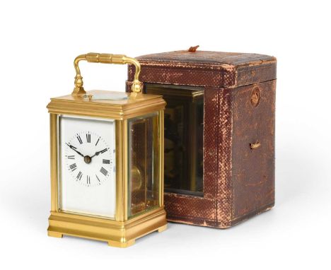 A Brass Petite Sonnerie Repeating Carriage Clock, circa 1900, carrying handle, repeat button, underside of the case with sile