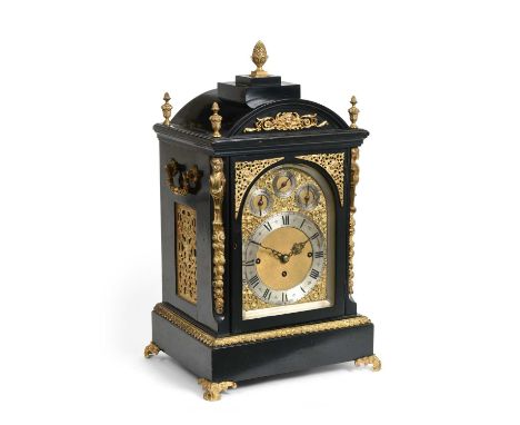 A Victorian Chiming Table Clock, circa 1870, ebonised and gilt metal mounted case, arch pediment with acorn and urn shaped fi