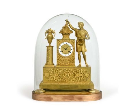 A French Empire Ormolu Striking Mantel Clock, circa 1810, case depicting a figure in robes holding a garland of flowers and a