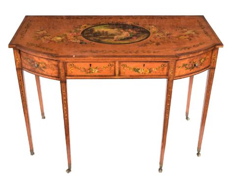 A Late 19th Century Sheraton Revival Satinwood and Rosewood Crossbanded and Painted Table, with a central portrait oval paint