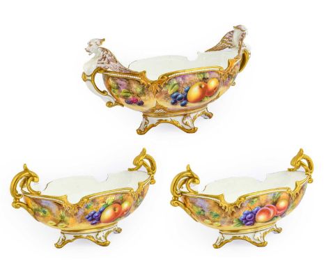 A Garniture of Three Royal Worcester Porcelain Boat-Shaped Twin-Handled Bowls, by John Smith, 2nd half 20th century, one with