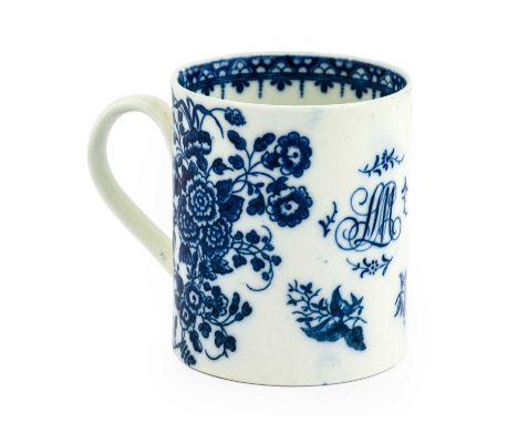A Caughley Porcelain Mug, circa 1785, of cylindrical form, printed in underglaze blue with the Bouquet pattern and monogram L