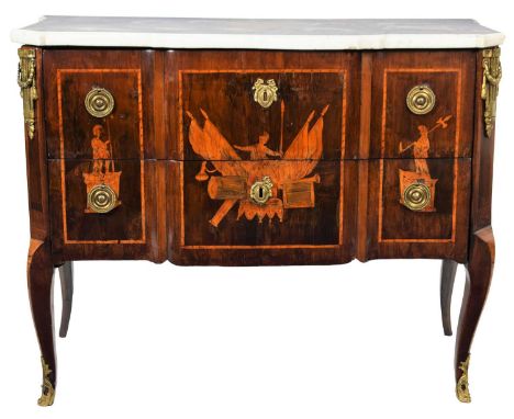 A Louis XV/Transitional Style Marquetry Inlaid Commode, the grey and white moulded marble top with canted corners above two d