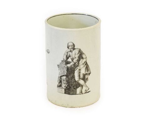 A Worcester Porcelain Mug, circa 1770, of cylindrical form, printed en grisaille with a full-length portrait of William Shake
