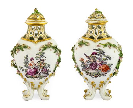 A Pair of Chelsea Gold Anchor Period Porcelain Baluster Vases and Covers, circa 1760, of lobed form with pierced covers and n