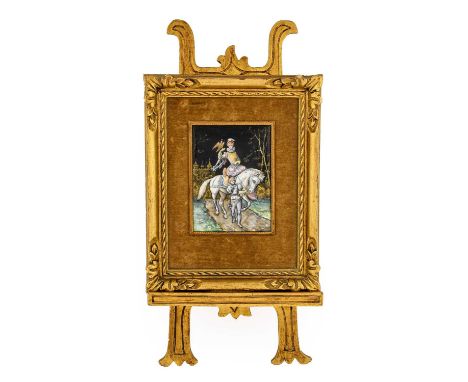 A Limoges Enamel Plaque, late 19th/early 2oth century, painted with a noble youth on horseback, a hawk on his arm, his attend