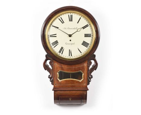 A Mahogany Brass Inlaid Drop Dial Wall Timepiece, signed Jno Brownbill, Liverpool, circa 1830, side and bottom doors, carved 