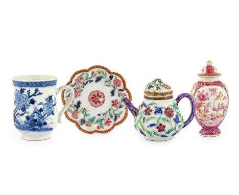 A Chinese Porcelain Teapot, Cover and Stand, Yongzheng, of baluster form, moulded in relief and painted in famille rose ename