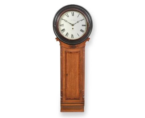 An Oak Drop Dial Wall Timepiece, signed Geo Bishop, Lincoln, early 19th century, drumhead pediment, side doors, mahogany cros