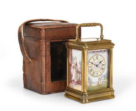 A Gilt Brass and Porcelain Mounted Striking and Repeating Carriage Clock with Porcelain Panel signed by Lucien Simonnet, circ