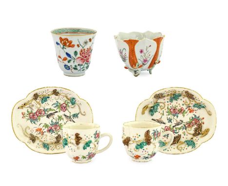 A Pair of Chinese Porcelain Coffee Cups and Saucers, Qianlong, of quatrefoil form, moulded with fruiting vine and painted wit