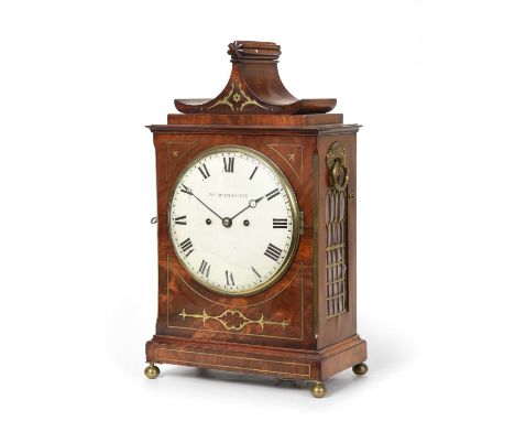 A Mahogany Brass Inlaid Striking Table Clock, signed Jno Shuttleworth, Colchester, circa 1820, arched pediment, brass inlaid 