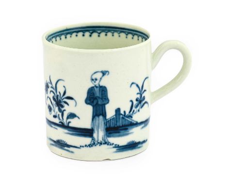 A Worcester Porcelain Coffee Can, circa 1775, painted in underglaze blue with the Waiting Chinaman pattern, crescent mark in 