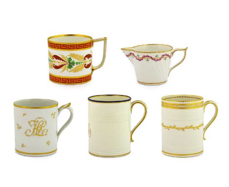 A Derby Porcelain Mug, circa 1800, of ribbed cylindrical form, painted in blue and gilt with monogram SBM within blue and gil
