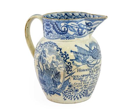 A Staffordshire Pearlware Nelson Commemorative Jug, circa 1810, printed in underglaze blue, inscribed with Nelson's Orders an