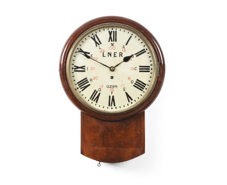 A LNER Railway Mahogany Drop Dial Wall Timepiece, LNER, numbered G299, early 20th century, side and bottom doors, 12-inch pai