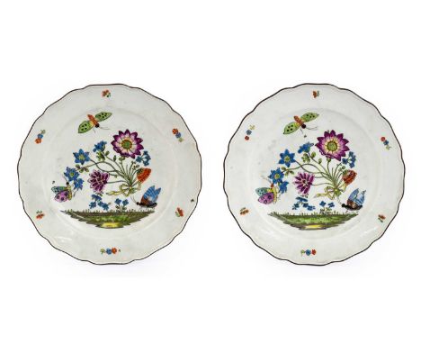 A Pair of Meissen Porcelain "Bienenmuster" Soup Plates, circa 1740, painted in colours with winged insects about a ribbon-tie