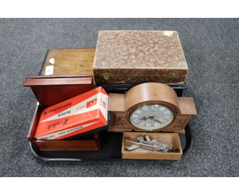 A tray of a Victorian inlaid rosewood music box (lacking movement), boxed Turkish pipe, cased dessert spoons, carved Bentima 