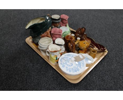 A tray of a collection of Toby jugs to include a large Royal Doulton Pied Piper, Wedgwood Blue Tapestry lidded powder dish an