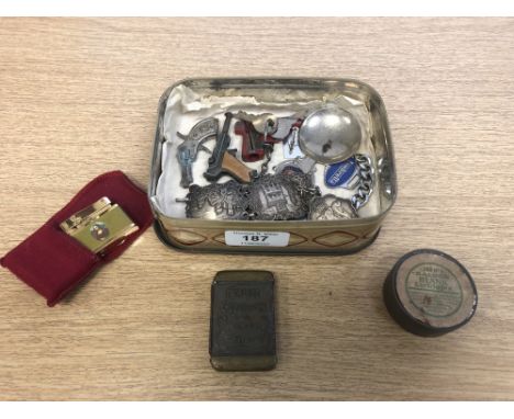 A tin of novelty vesta case, vintage Eley-Kynoch tin, trinkets, lighter etc