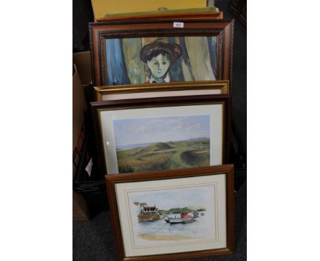 A box of seven assorted framed pictures and prints to include oil on board portrait of a boy by Kingsley dated '76, Tom MacDo