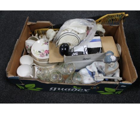A box of Alfred Meakin tea service, assorted glass ware, JVC video camera, Nao figure 