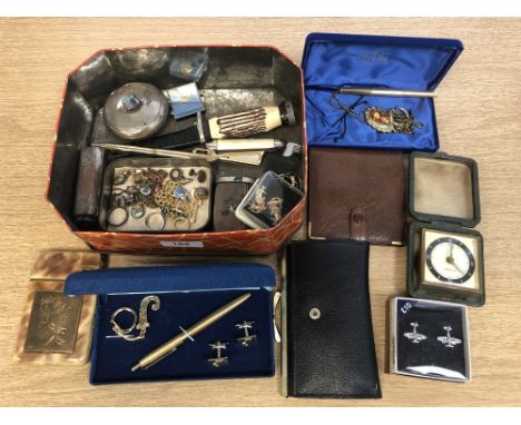 A tin of costume jewellery, travel clock, pens, knives, vintage gent's leather wallet etc 