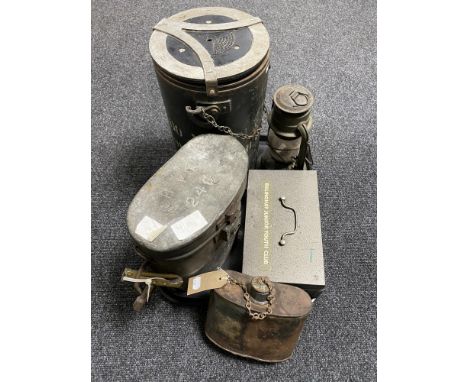 A tray of two vintage military ration tins, canteen, metal cash box and a vintage oil lamp 